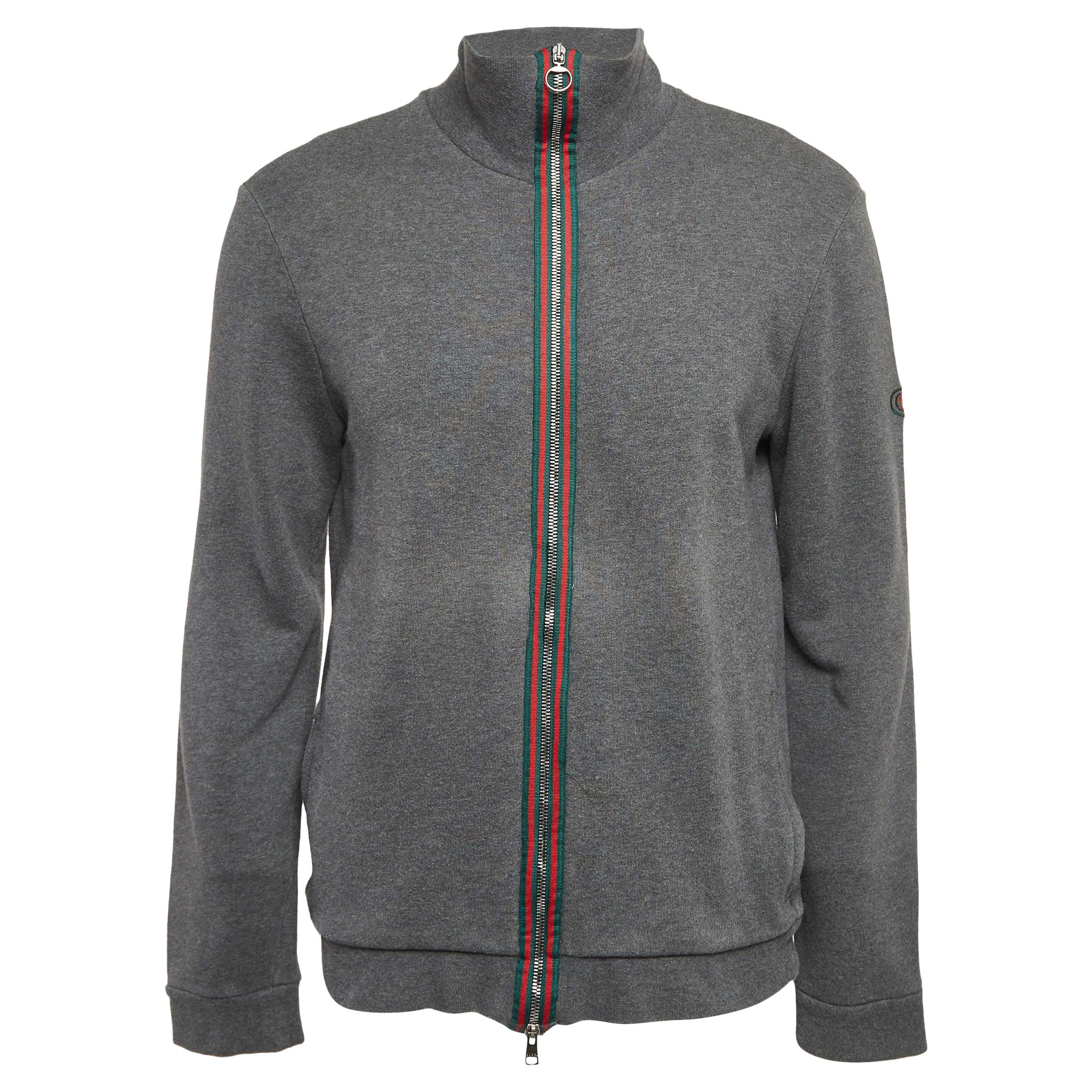 Gucci Grey Web Trim Cotton Knit Zip Front Hoodie XL For Sale