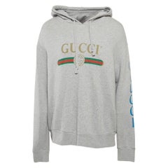 Gucci Grey Logo Print Dragon Embroidered Cotton Hoodie XL