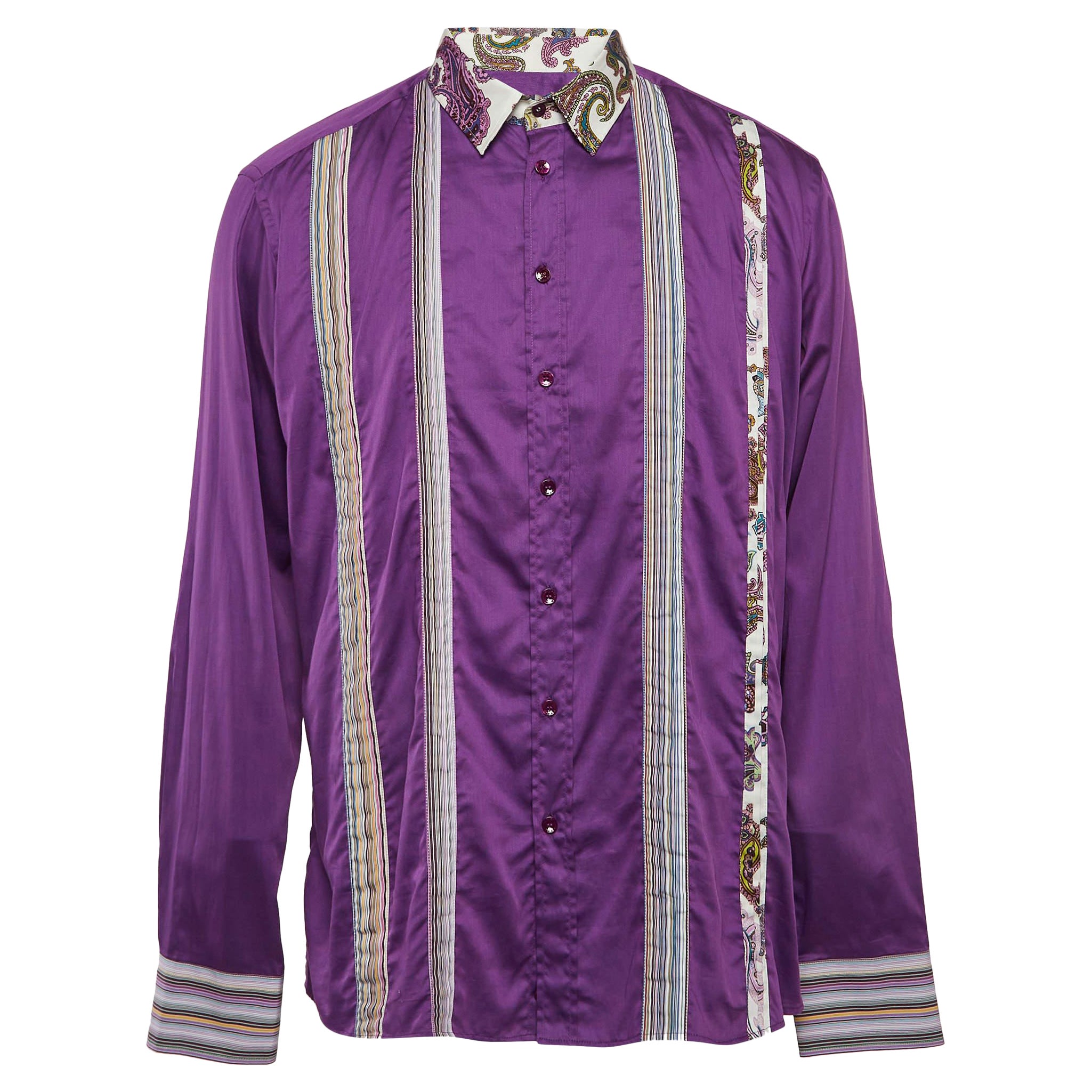 Etro Purple Cotton Paisley Printed Collar Button Front Shirt XXXL For Sale