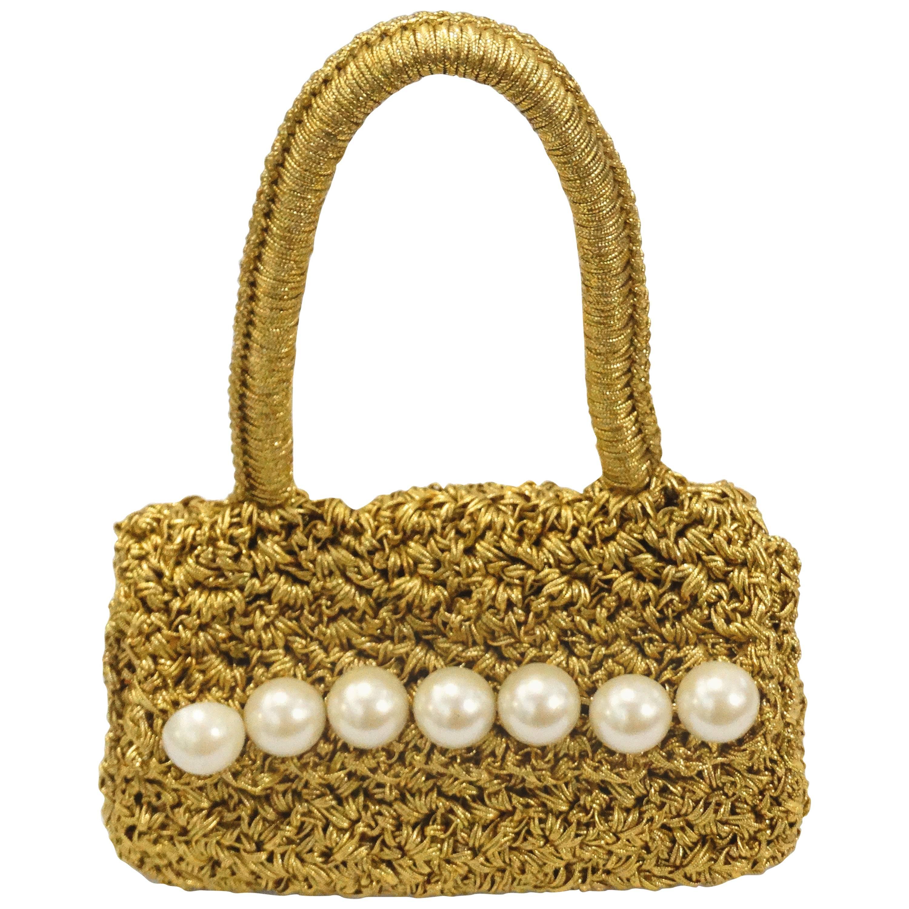 1990s Carrie Forbes Gold Crochet Mini Bag