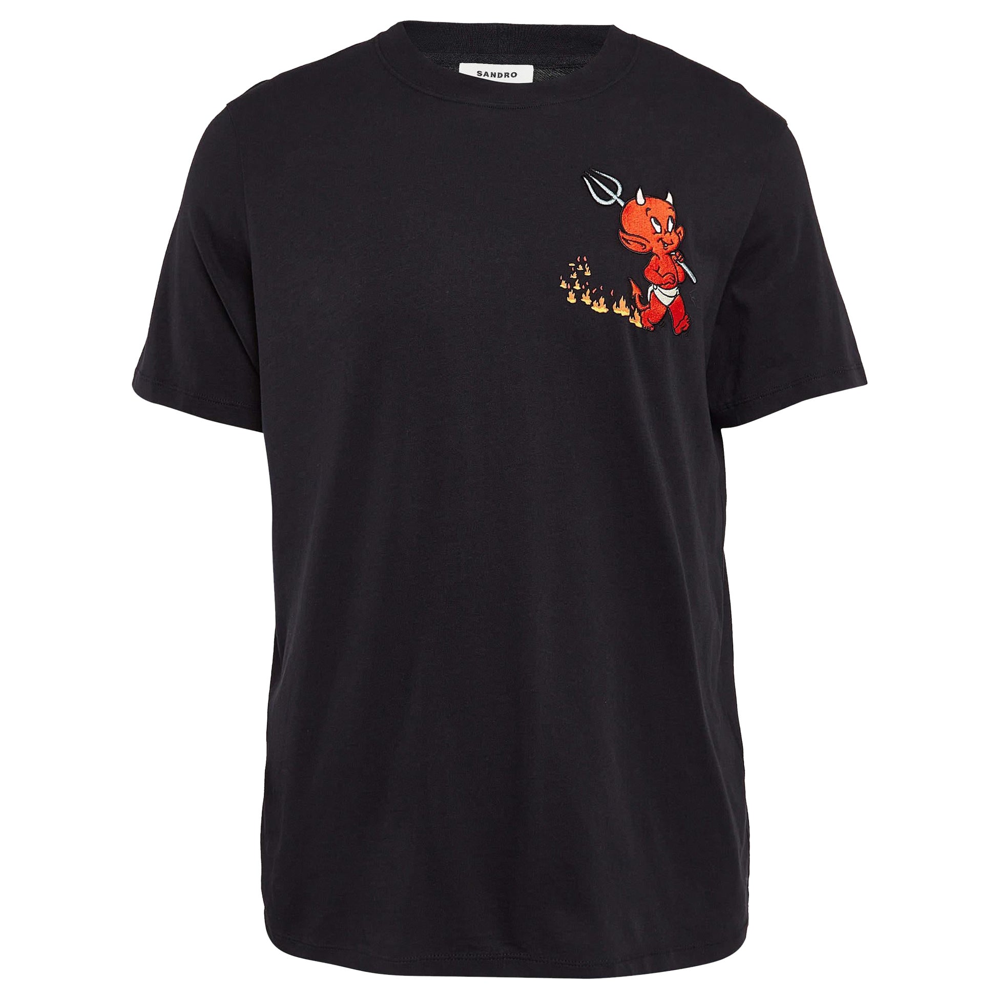 Sandro x Hot Stuff Black Embroidered Crew Neck T-shirt L For Sale