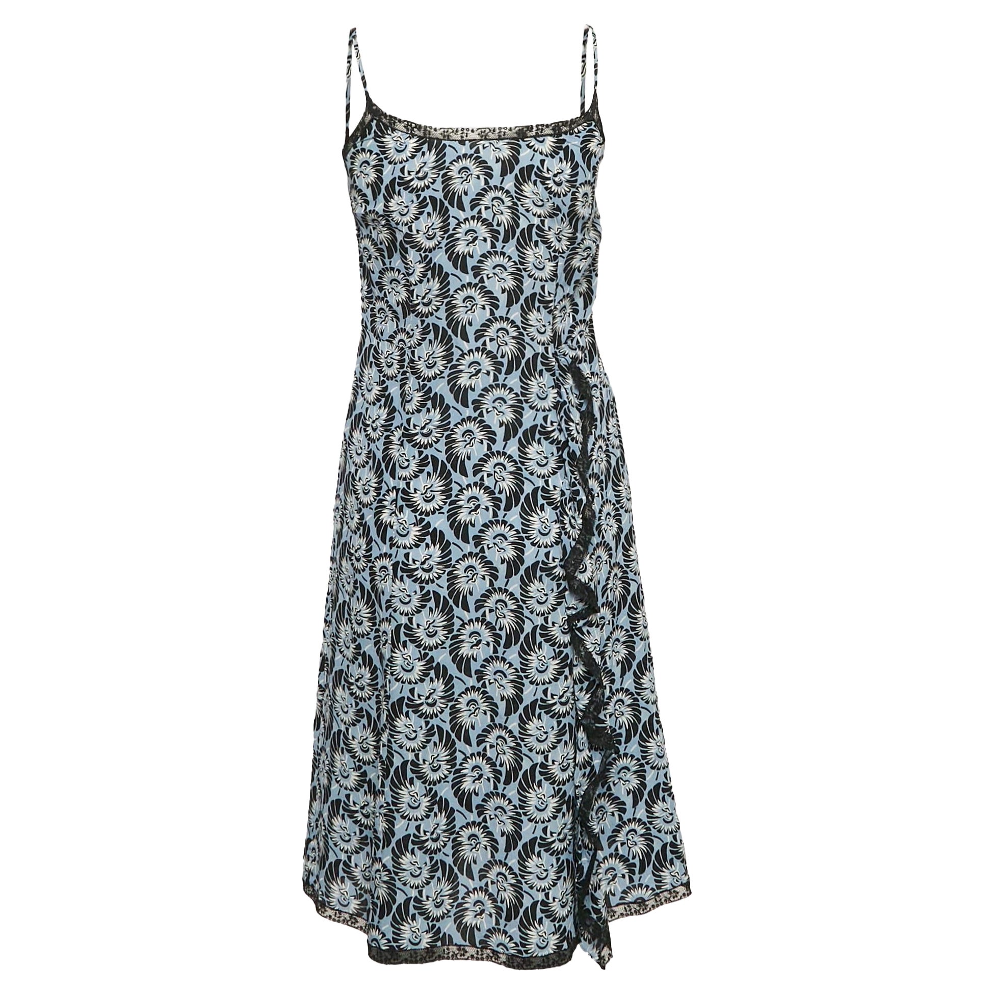 Prada Blue Floral Print Silk Ruffled Sleeveless Short Dress S For Sale