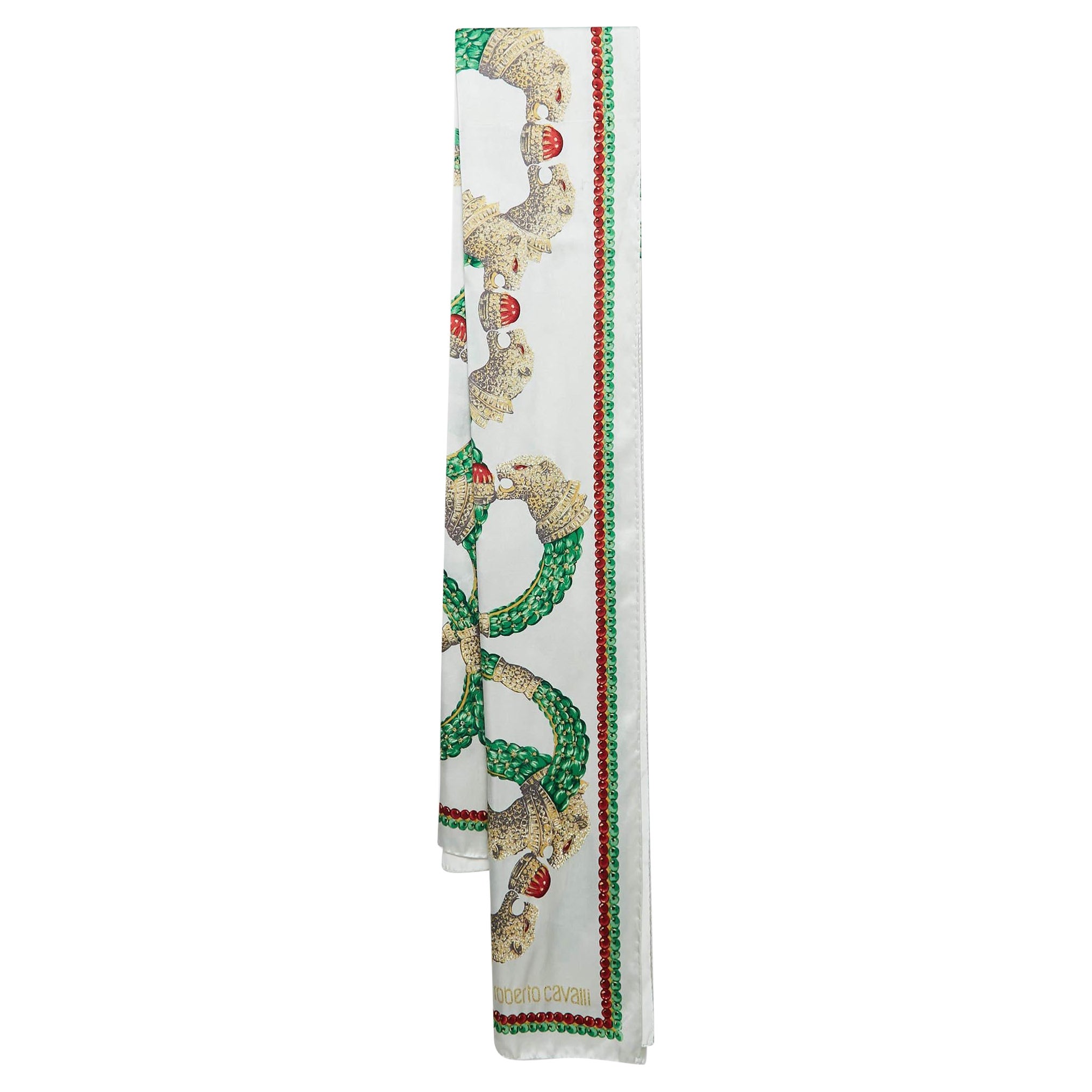 Roberto Cavalli White Glittered Print Satin Silk Scarf For Sale