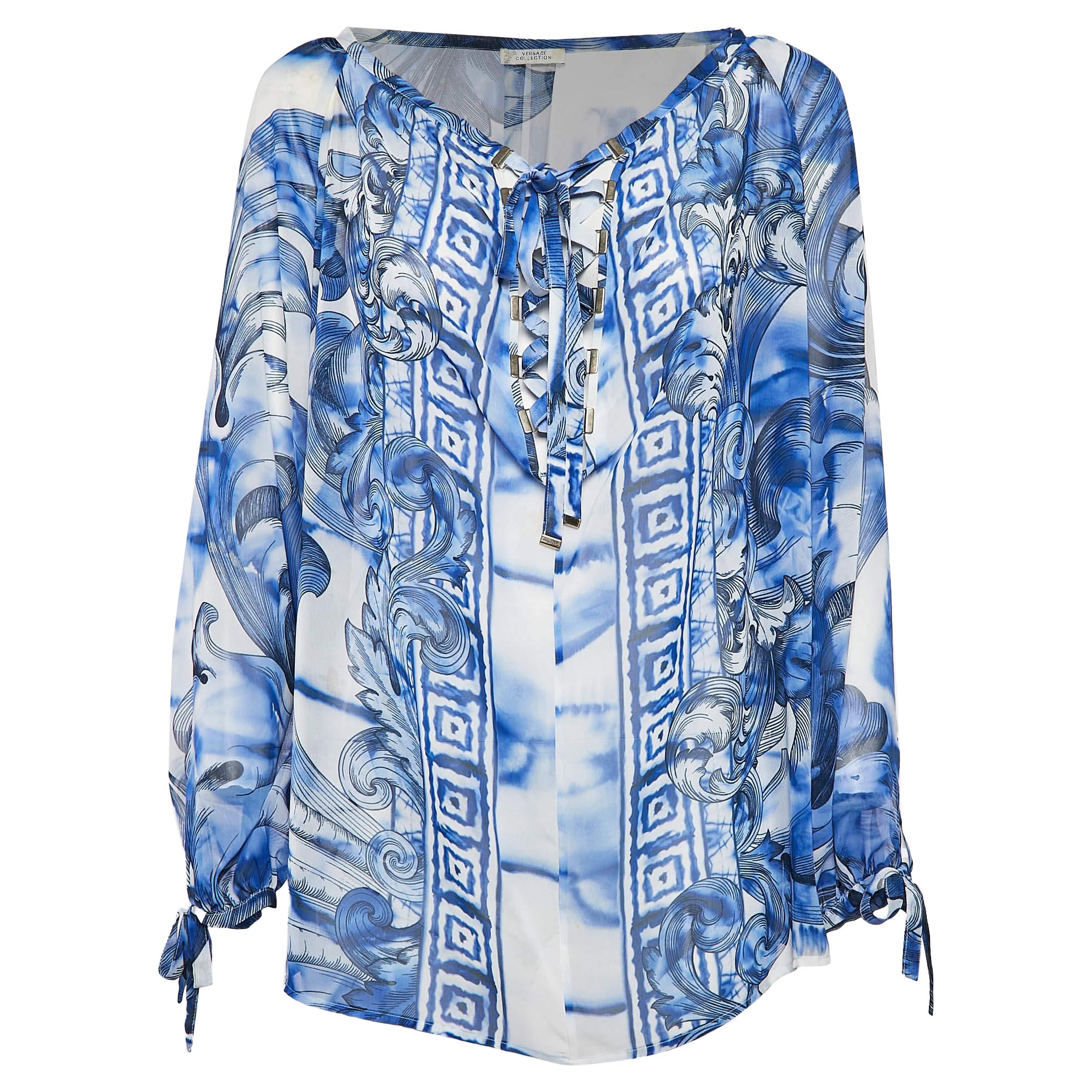 Versace Collection Top de encaje de gasa estampado blanco/azul M en venta