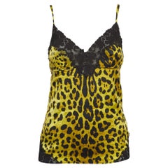 Dolce & Gabbana Yellow Leopard Print Stretch Satin and Lace Camisole Top M
