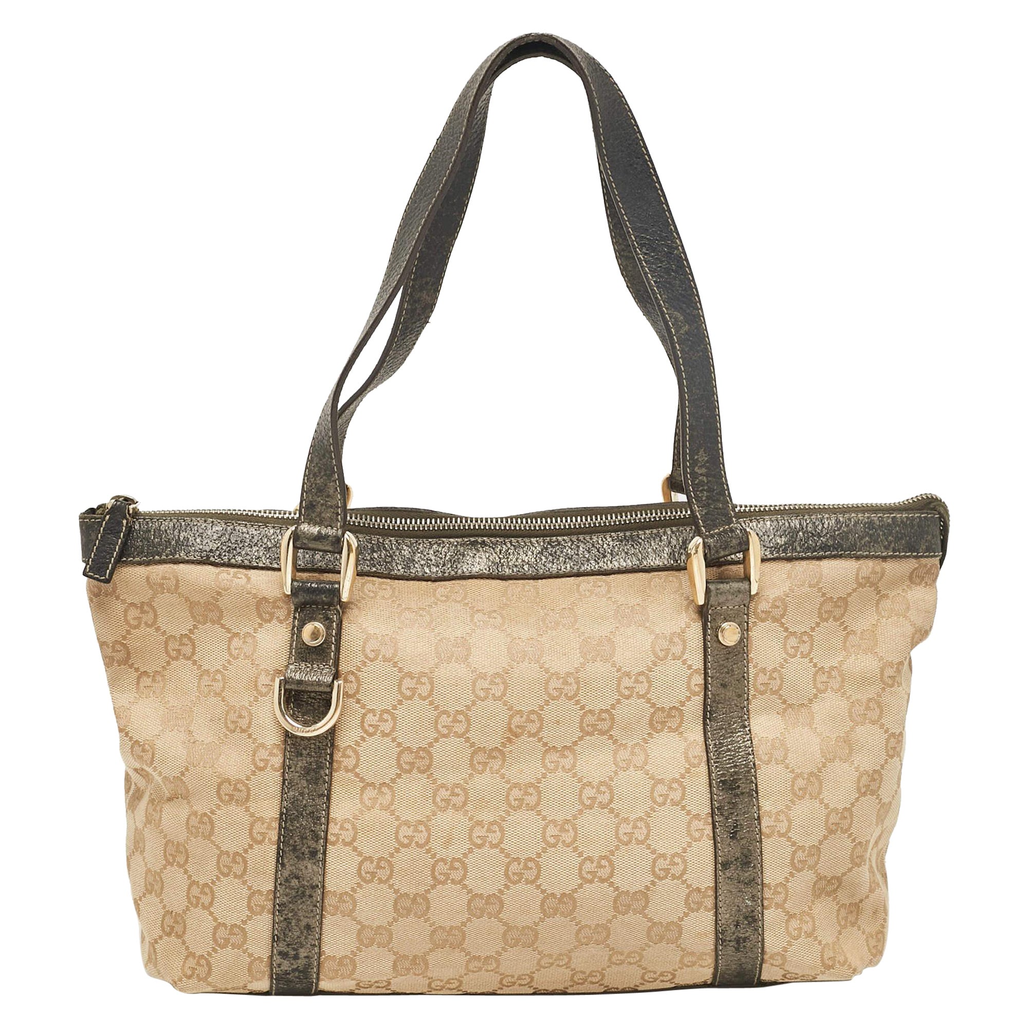Gucci Beige/Metallic GG Canvas and Leather Abbey D-Ring Tote For Sale