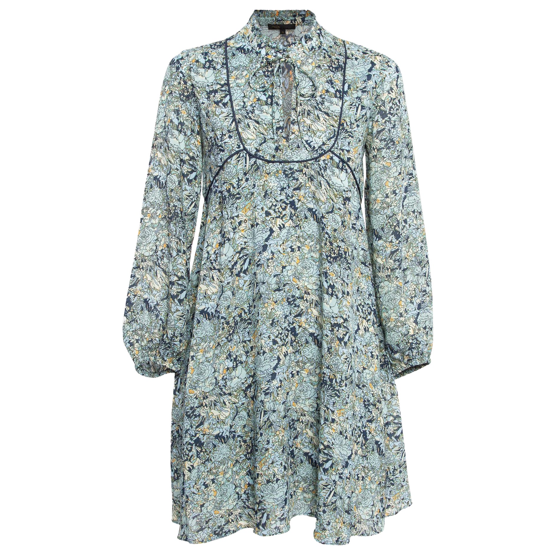 Maje Blue Printed Crepe Neck Tie-Up Mini Dress XS For Sale