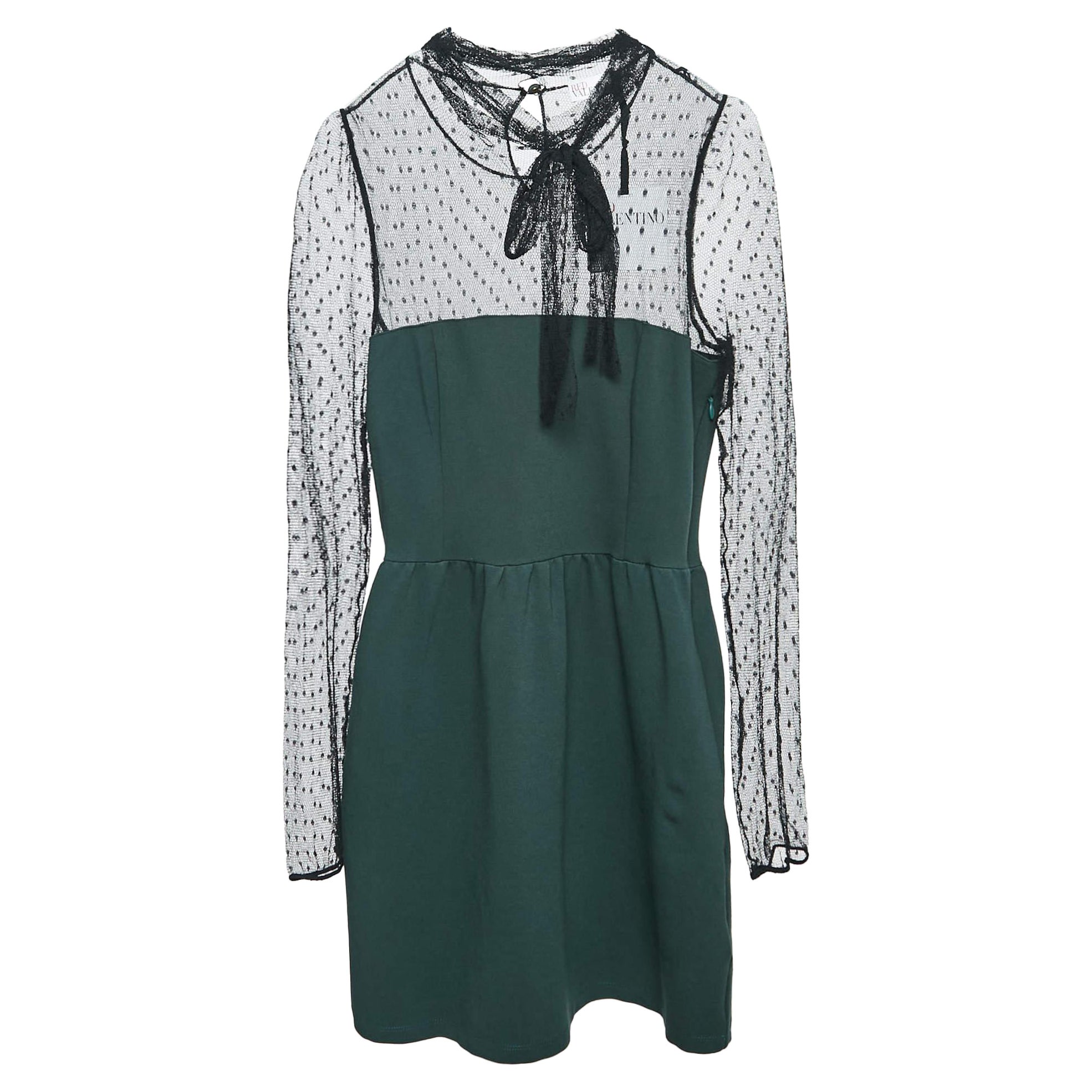 RED Valentino Green/Black Jersey and Lace High Neck Mini Dress L For Sale