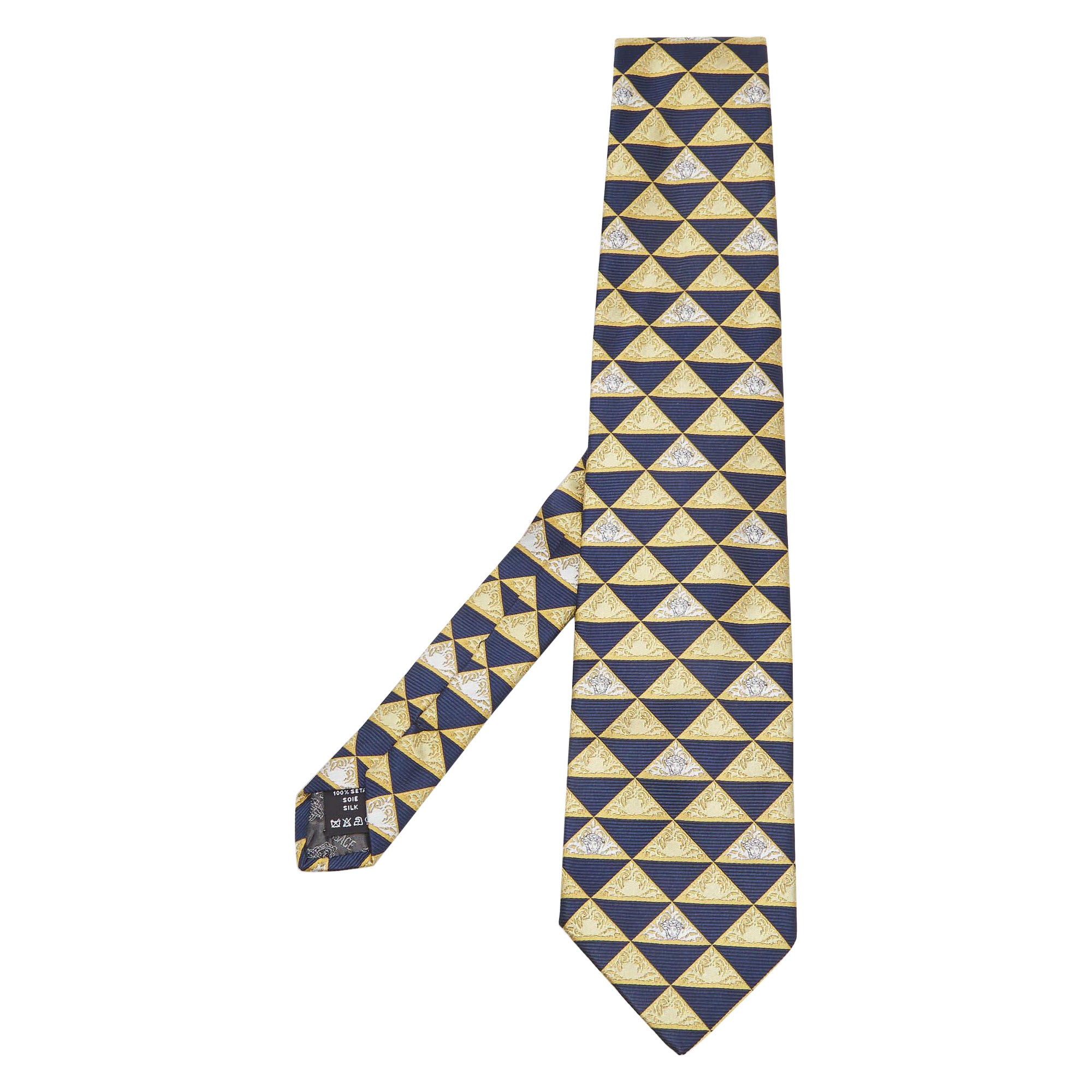 Versace Vintage Yellow/Blue Triangle Medusa Pattern Silk Tie For Sale