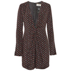 Saint Laurent Black Heart and Fire Print Silk V-Neck Mini Dress M