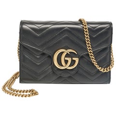 Gucci Black matelassé Leather GG Marmont Wallet On Chain