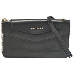 Used Bvlgari Black Leather Flap Clutch Bag