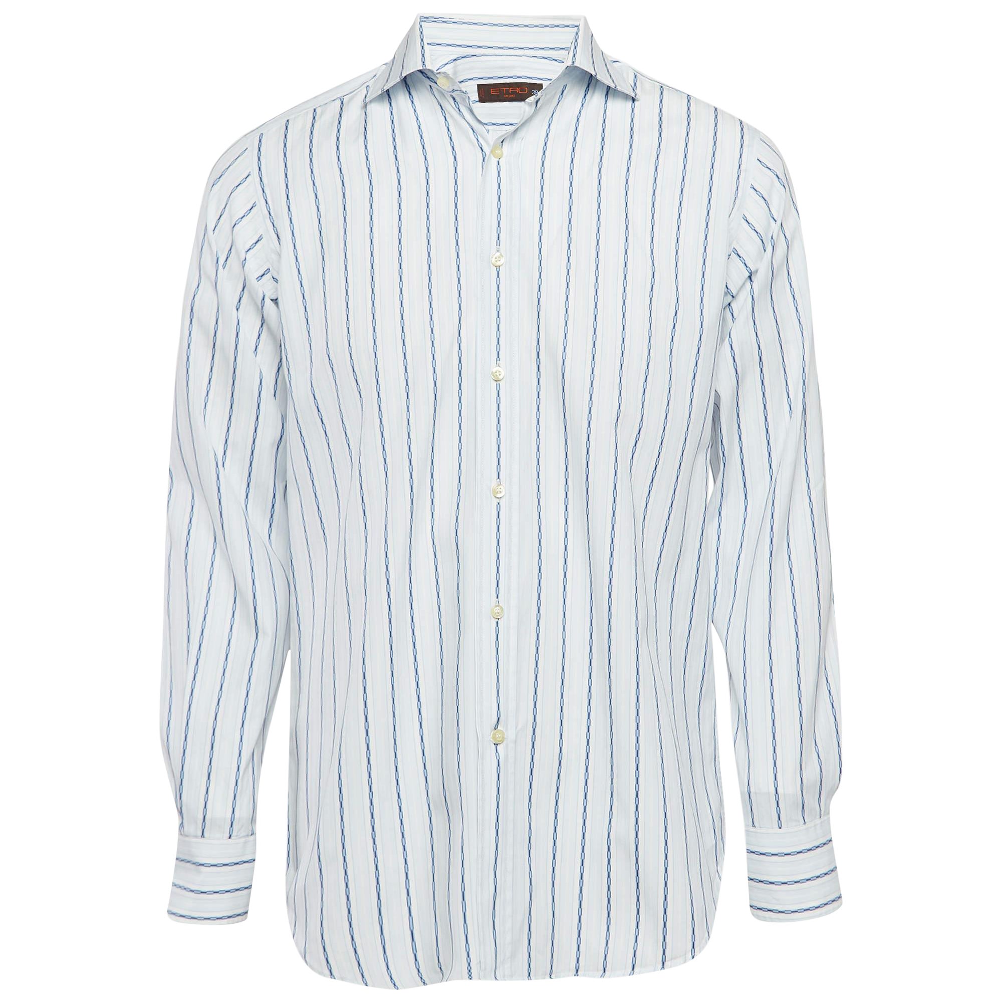 Etro Blue Pinstripe Cotton Long Sleeve Shirt M For Sale