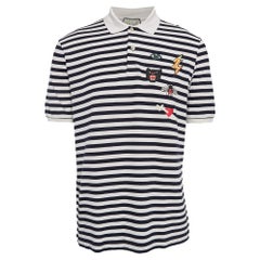 Gucci Navy Blue/White Striped Pique Cotton Polo T-Shirt XL