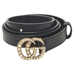 Gucci Black Leather GG Marmont Pearl Embellished Buckle Slim Belt 80 CM