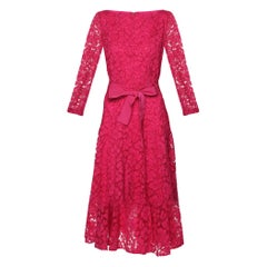 CH Carolina Herrera Pink Floral Lace Belted Midi Dress M