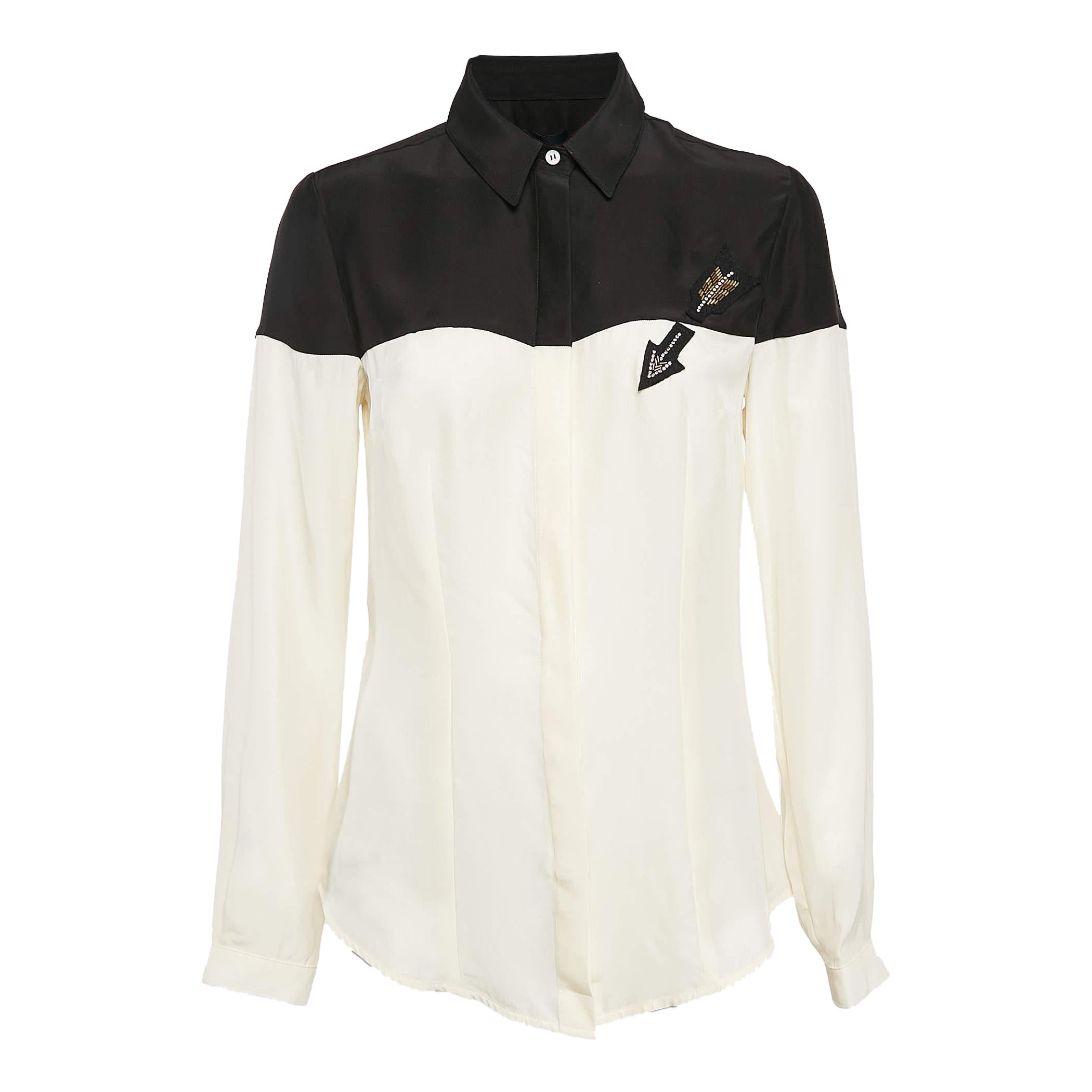 Class by Roberto Cavalli Black/Cream Sateen Silk Embellished Arrow Shirt M For Sale