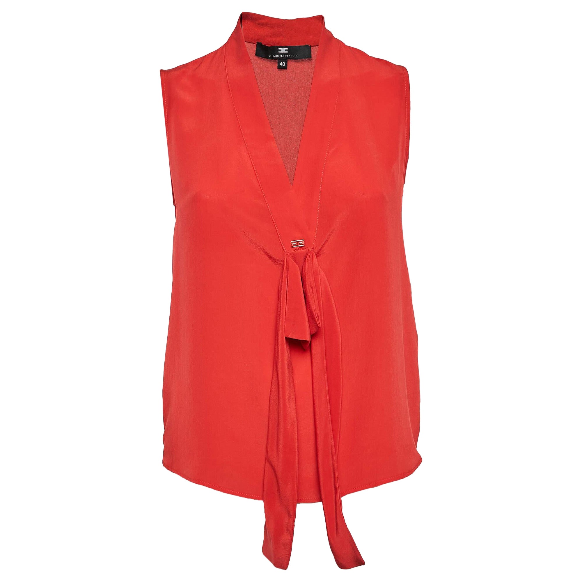 Elisabetta Franchi Red Crepe V-Neck Bow Detail Top M For Sale