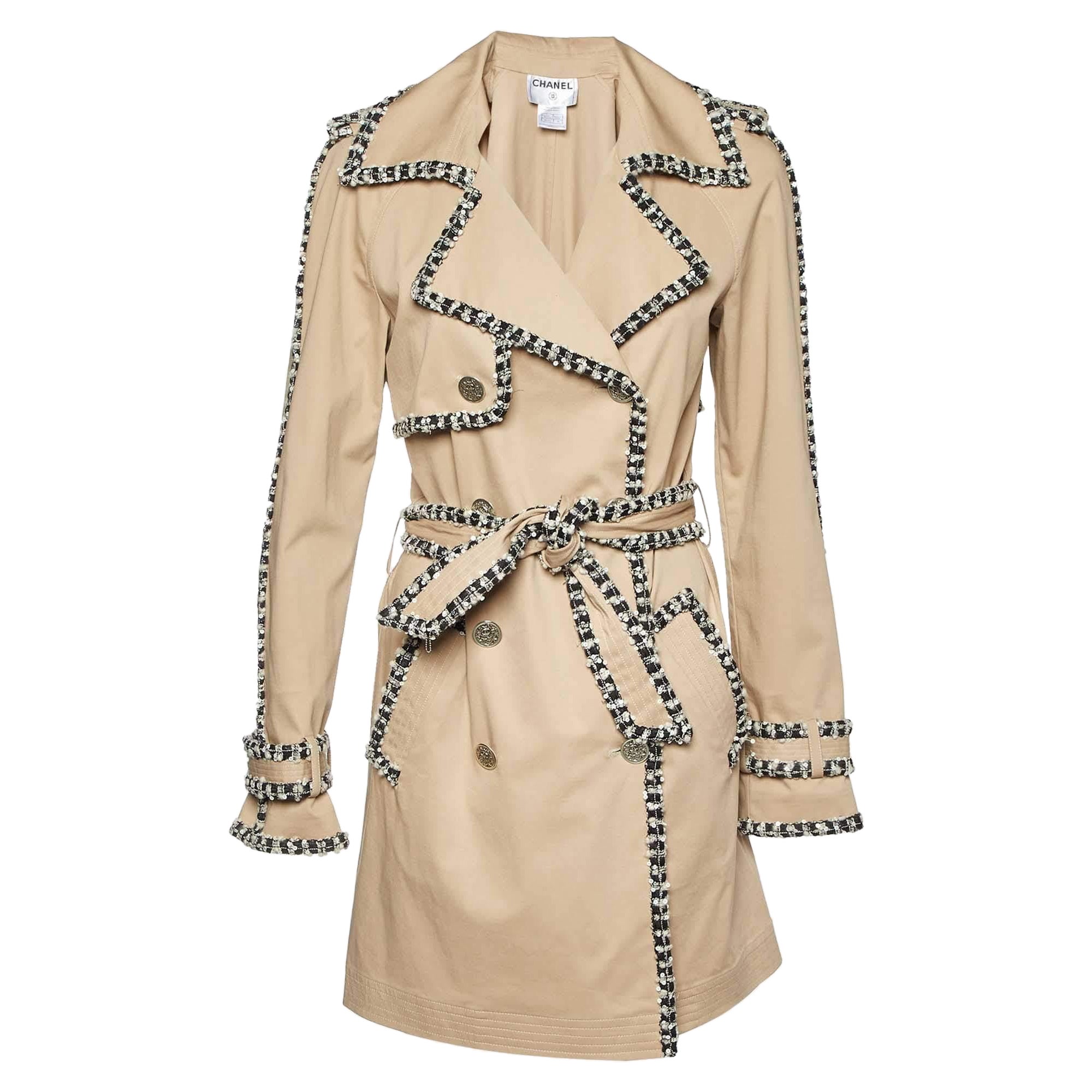 Chanel Beige Cotton Tweed Trim Trench Coat M