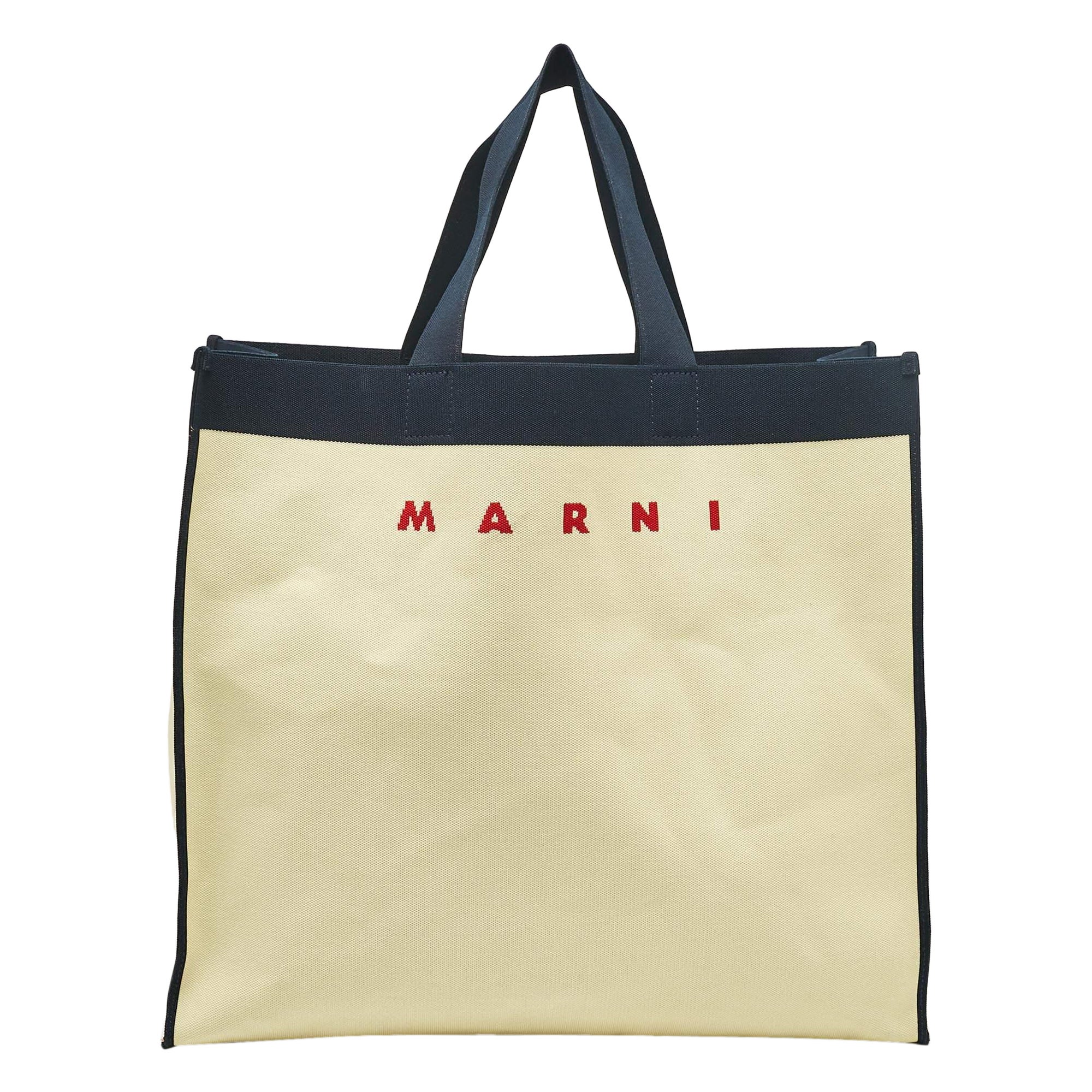 Marni Cream/Navy Blue Canvas Logo Shopping Tote For Sale
