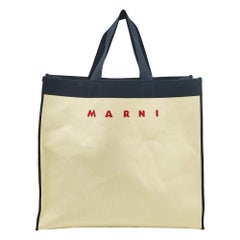 Tote shopping con logo di Marni in tela color crema/azzurro