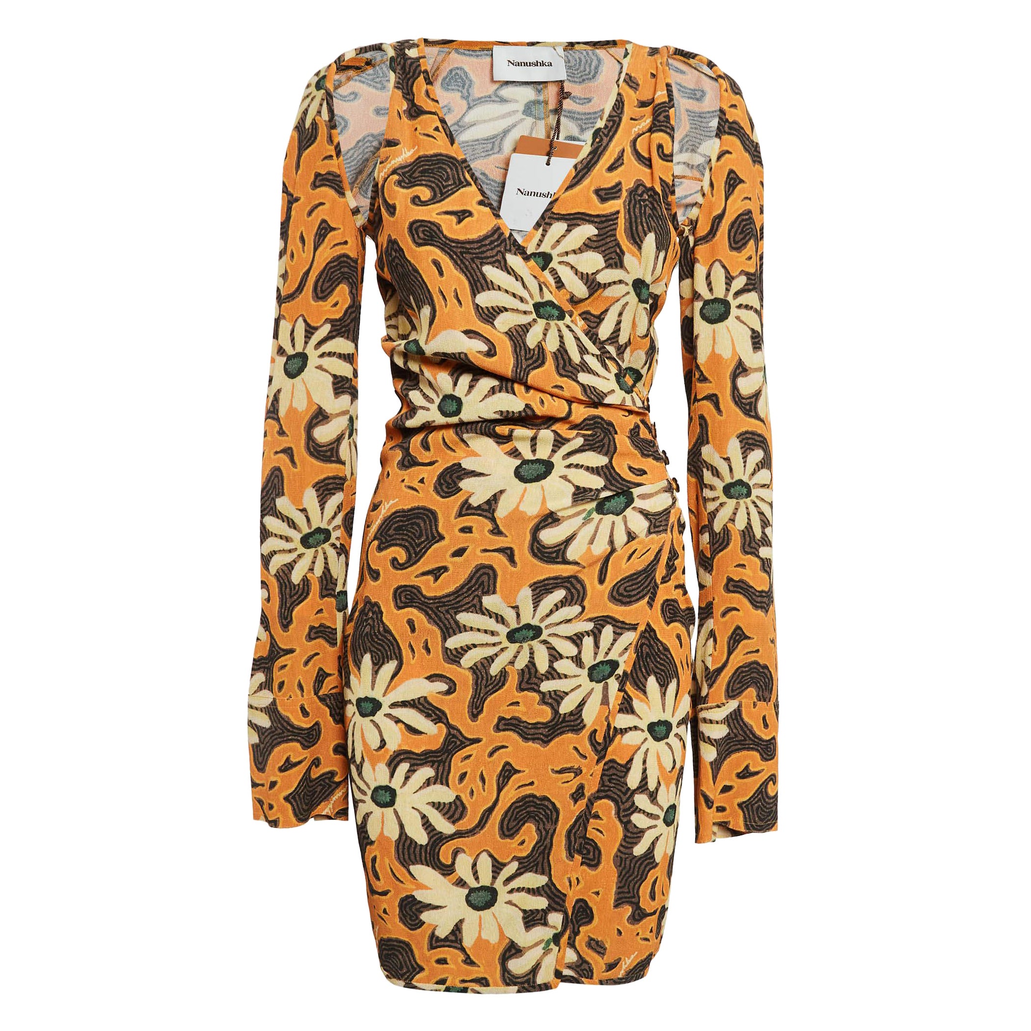 Nanushka Orange Floral Print Crepe Cut-Out Ira Wrap Dress M For Sale