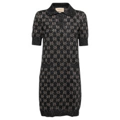 Gucci Black GG Supreme Jacquard Lurex Knit Mini Polo Dress XL
