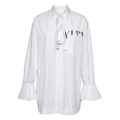 Valentino White Logo Print Poplin Tie-Up Neck Detail Oversize Shirt L