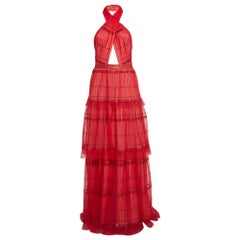 Tadashi Shoji Red Sequin Tulle Halter Neck Tiered Gown M