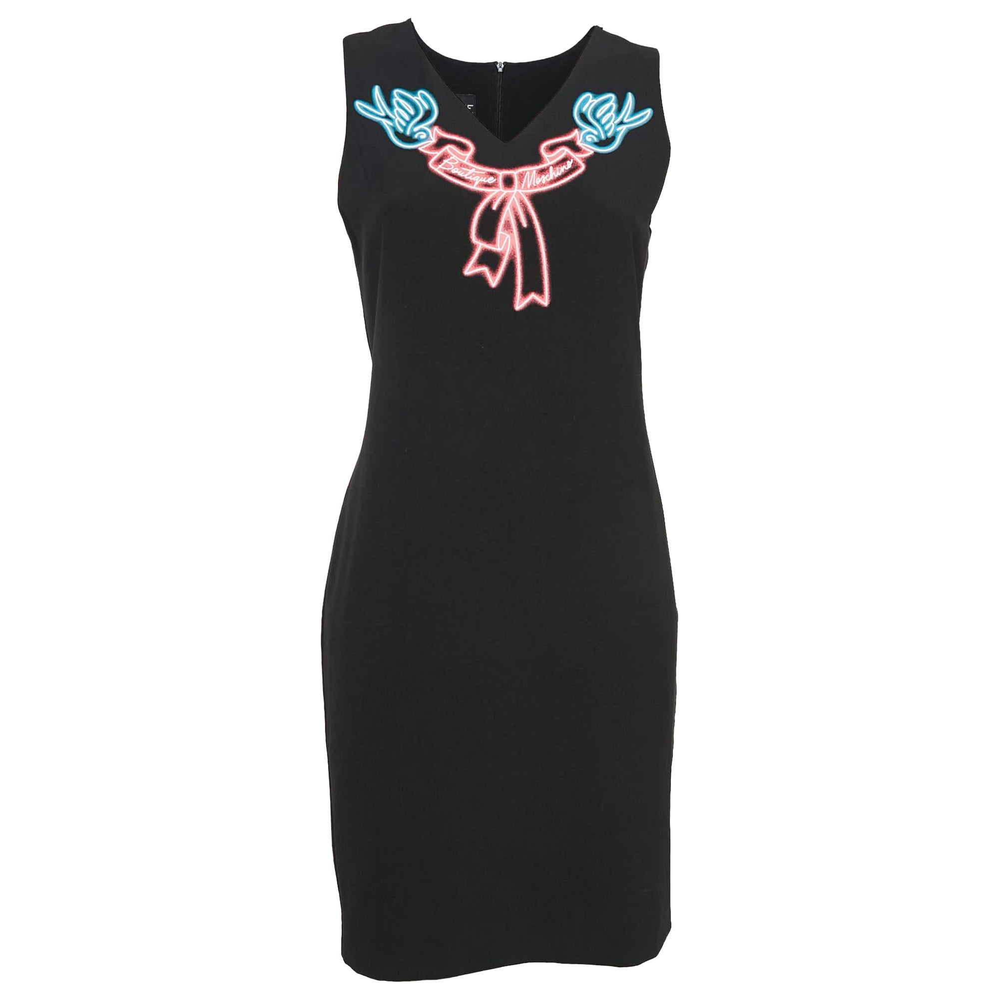 Boutique Moschino Black Printed Crepe Sheath Dress S For Sale