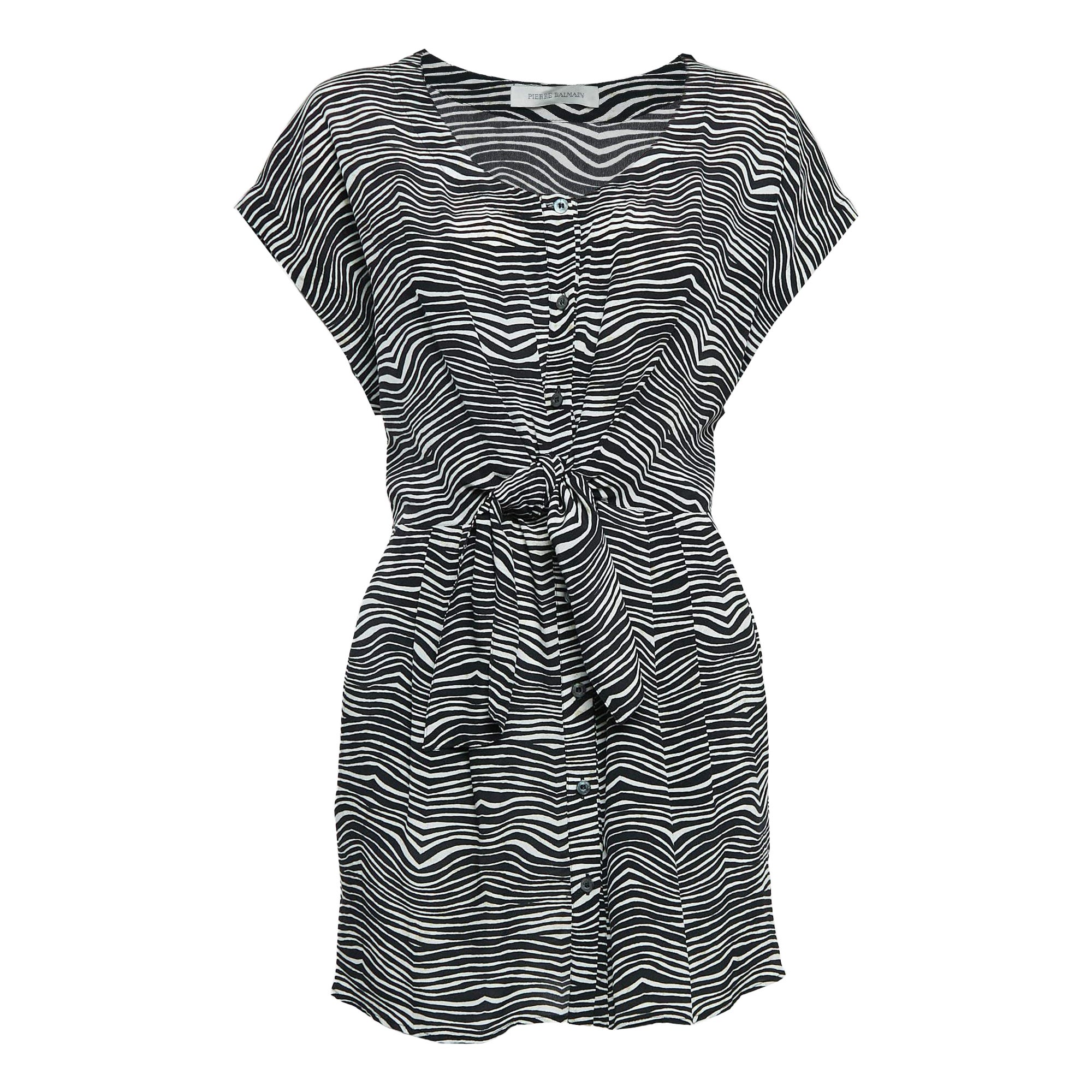 Pierre Balmain Black/White Printed Silk Waist Tie-Up Detail Mini Dress M For Sale