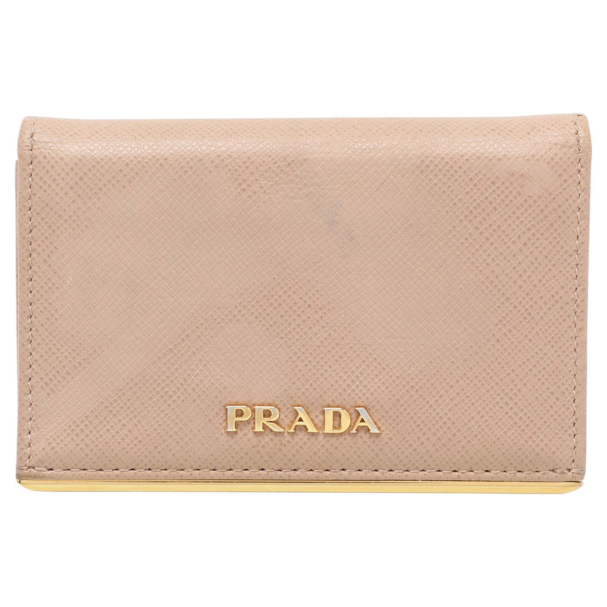 Prada Beige Leather Logo Coin Purse For Sale
