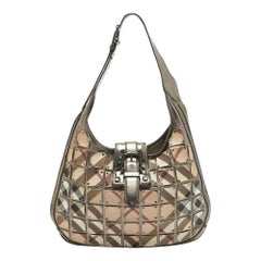 Burberry Metallic/Beige Nova Check Canvas Leather Studded Brooke Warrior Hobo