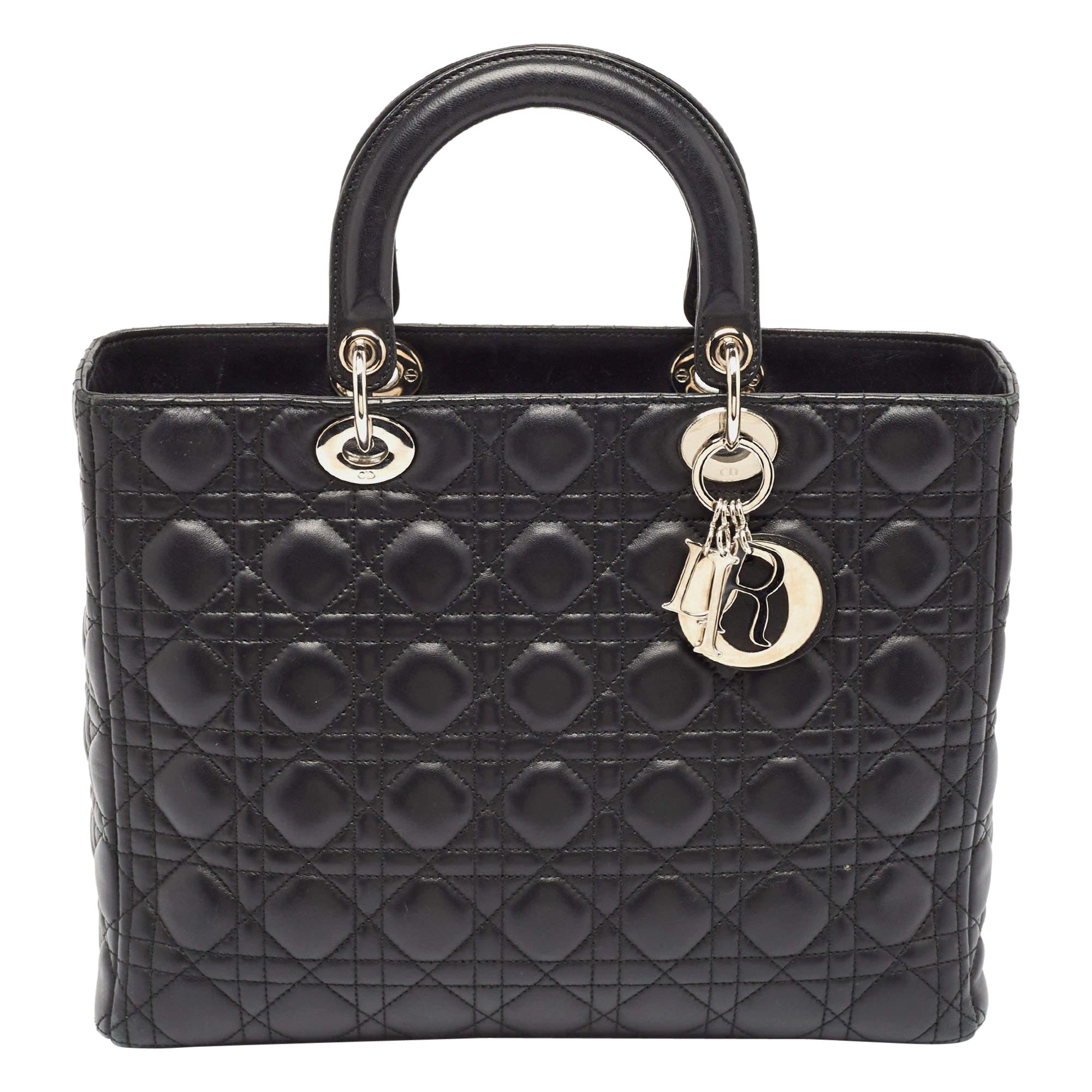 Dior Black Cannage Leather Large Lady Dior Tote For Sale