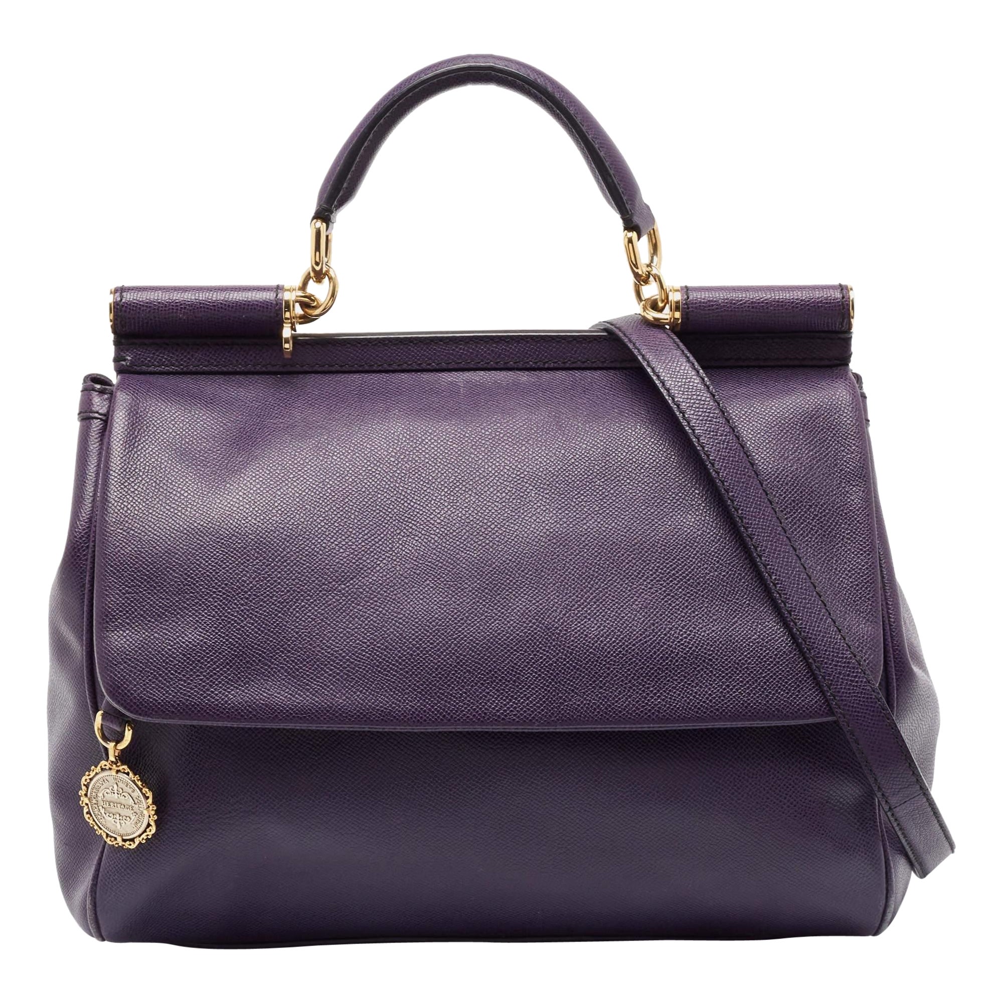 Dolce & Gabbana Purple Leather Large Miss Sicily Top Handle Bag For Sale