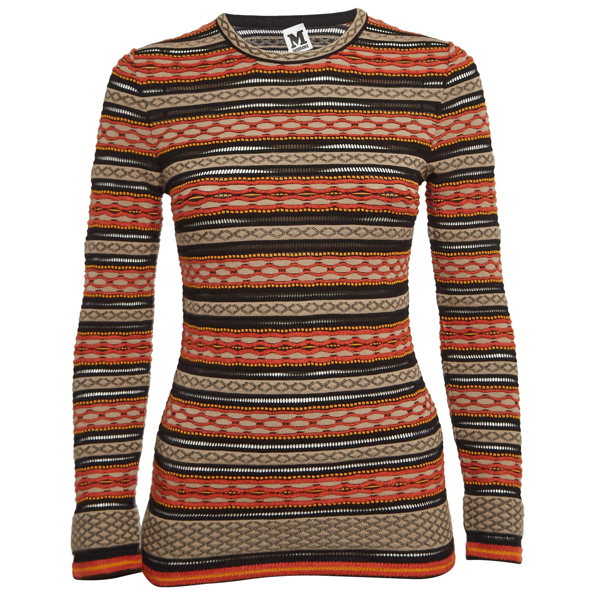 M Missoni Orange/Black Patterned Knit Long Sleeve Top S For Sale