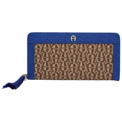 Aigner Beige/Indigo Monogramm Segeltuch Leder Cavallina Assel Continental Brieftasche