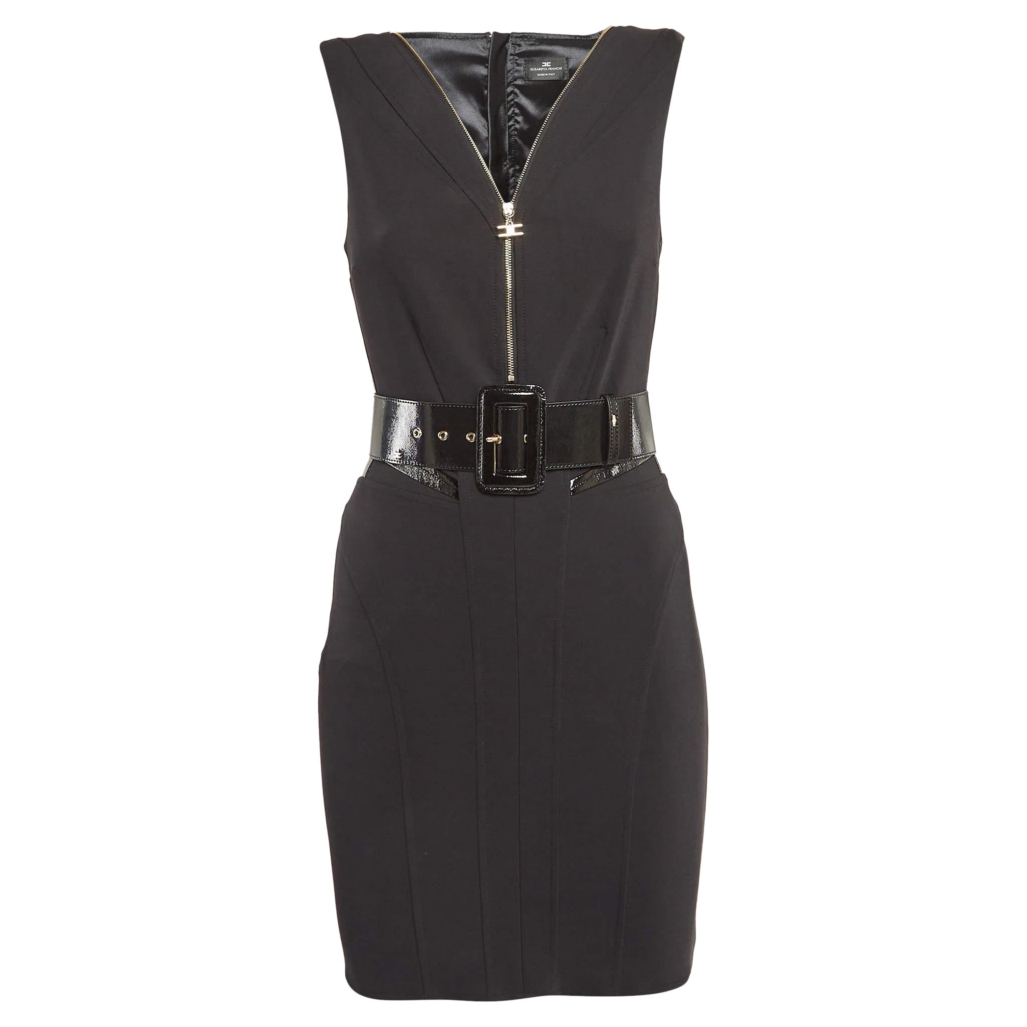 Elisabetta Franchi Black Leather Trim Jersey V-Neck Bodycon Dress S en vente