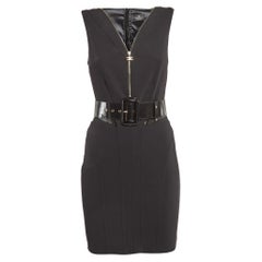 Elisabetta Franchi Black Leather Trim Jersey V-Neck Bodycon Dress S