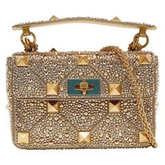 Valentino Gold Crystal Studded Medium Roman Stud Top Handle Bag