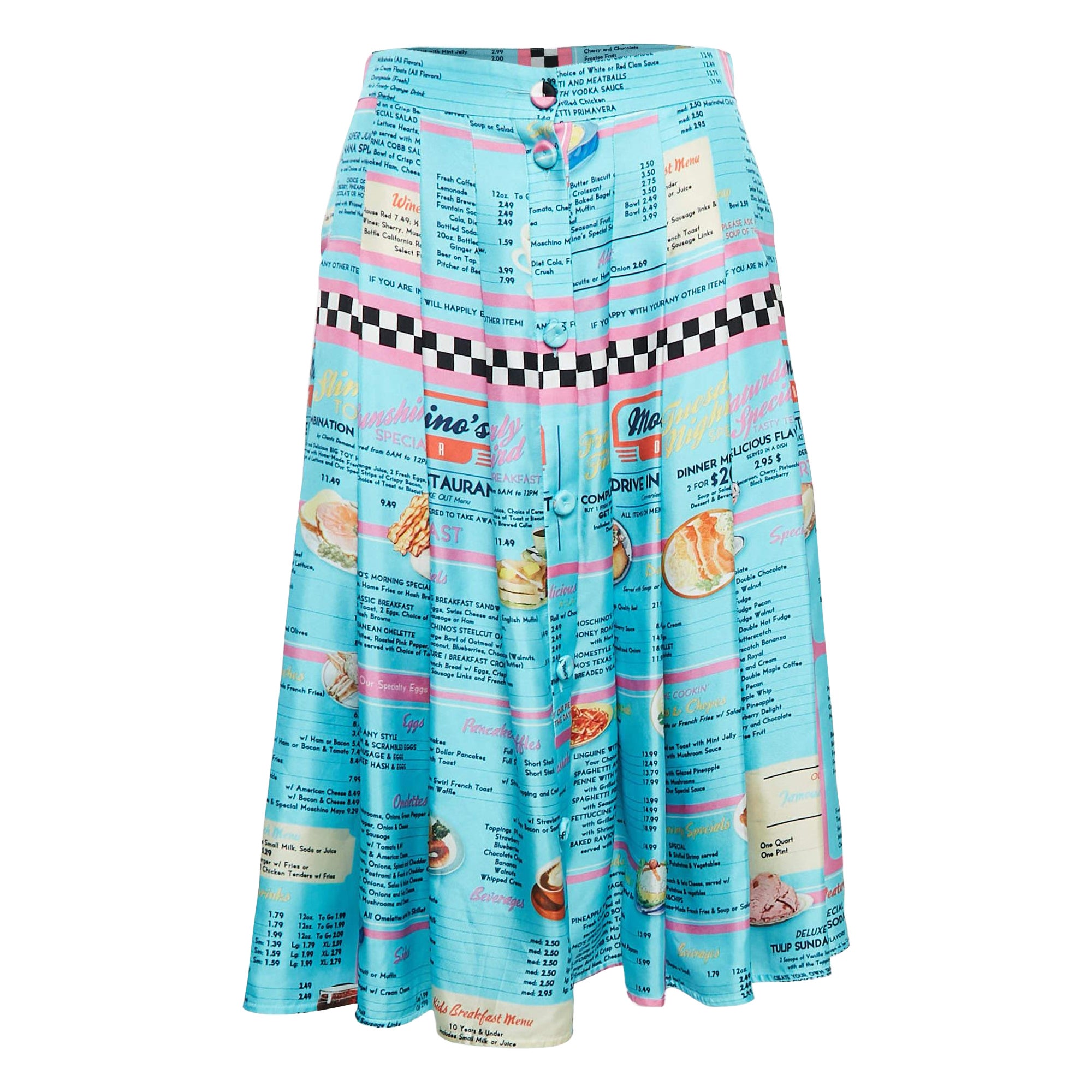 Moschino Couture Falda midi plisada de seda con estampado de menú Drive In azul L en venta