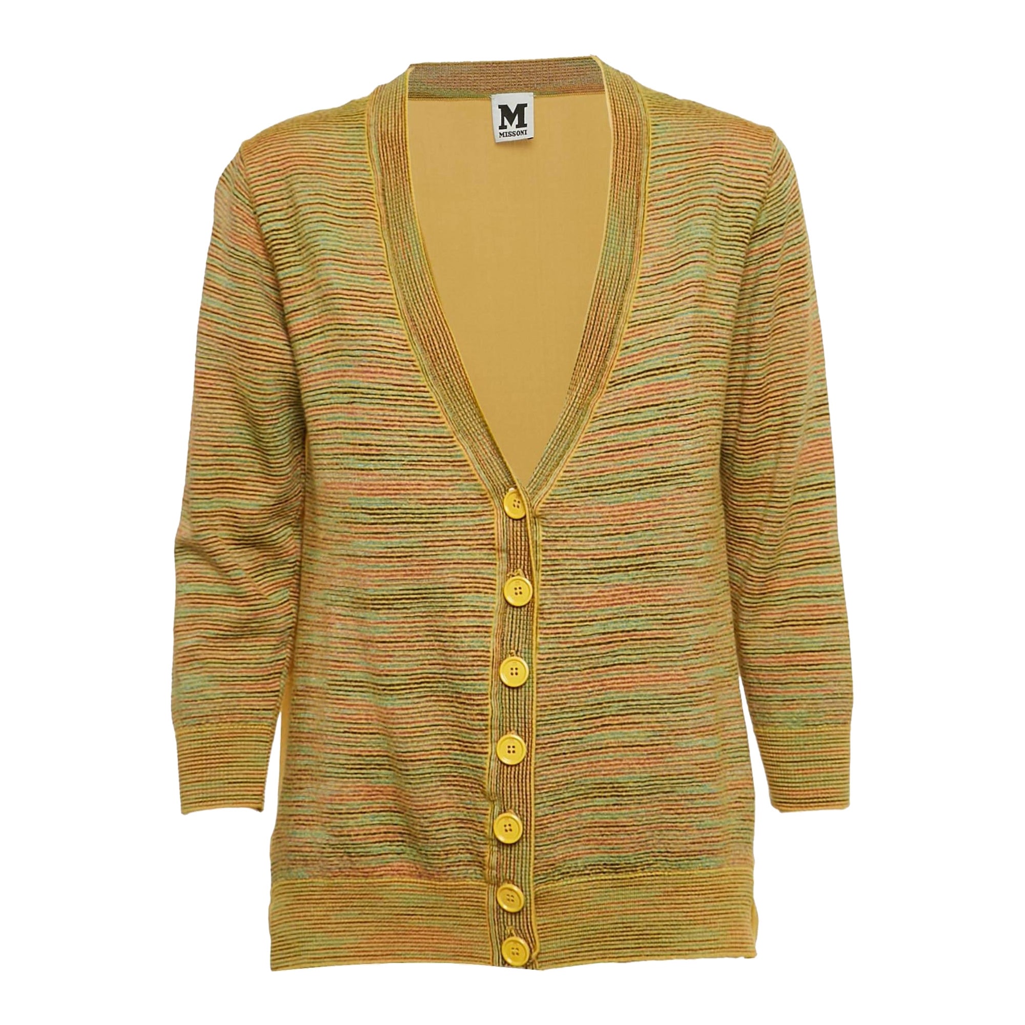 M Missoni Yellow Stripe Knit and Silk Buttoned Cardigan M For Sale