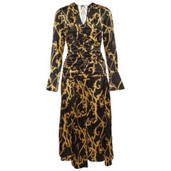 Ganni - Vestito midi increspato in raso stretch stampato nero S
