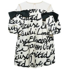 Elisabetta Franchi White Printed Satin Puff Sleeve Bow Detail Mini Dress L