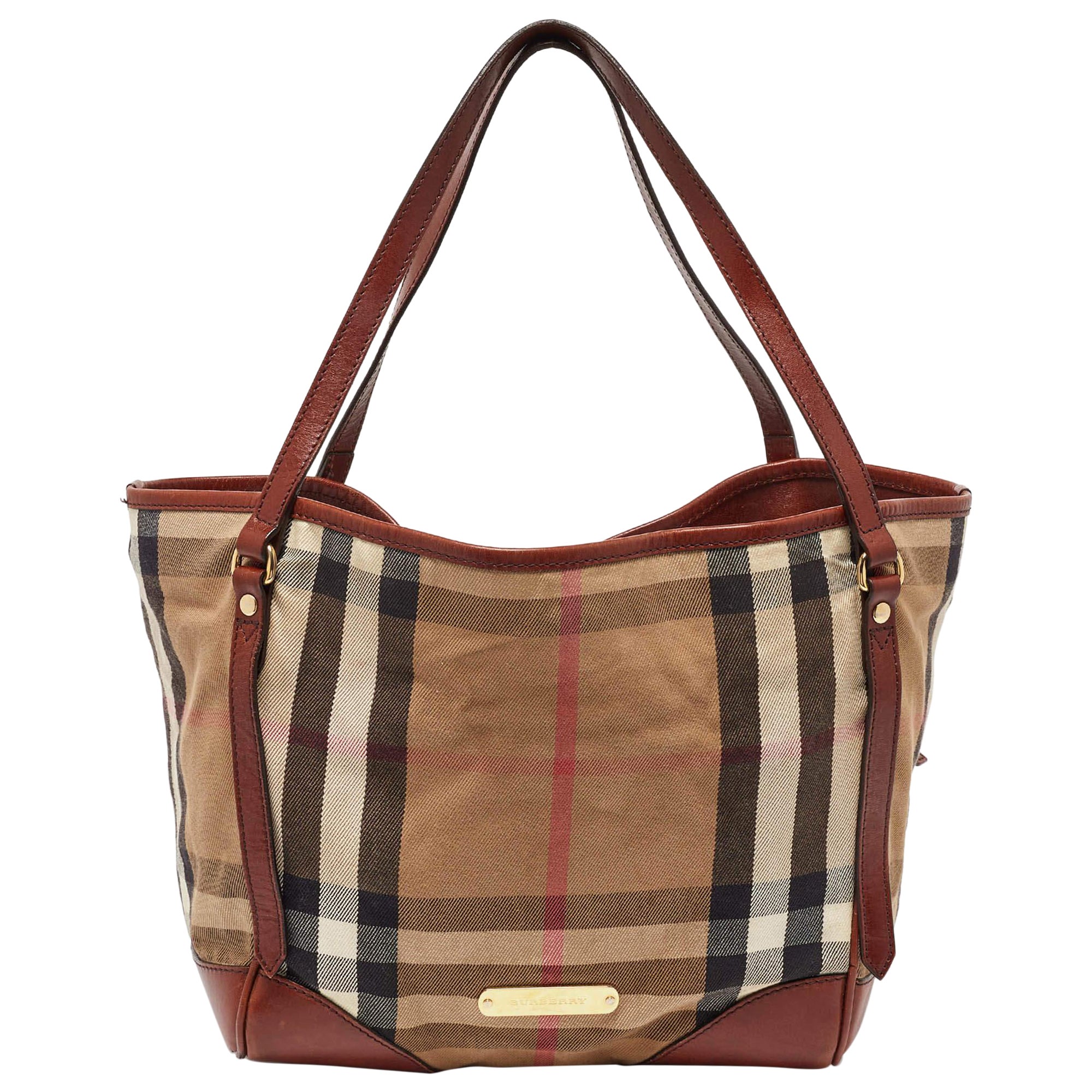 Burberry Brown/Beige House Check Canvas and Leather Canterbury Tote For Sale