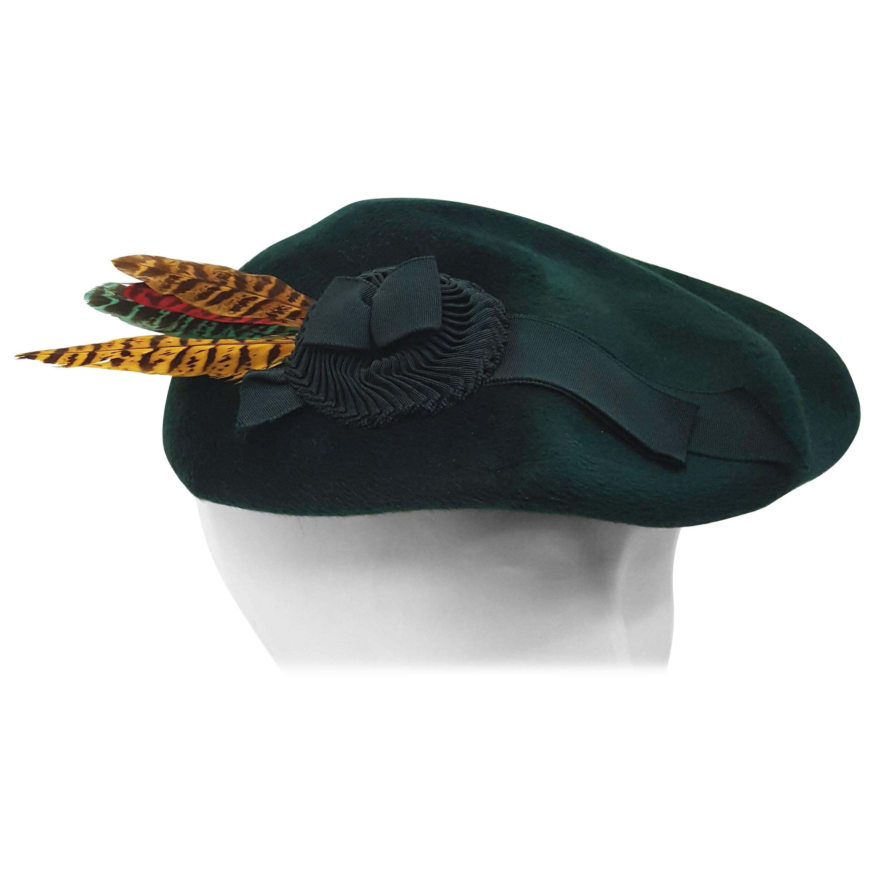 30s Green Felt Hat with Feather For Sale