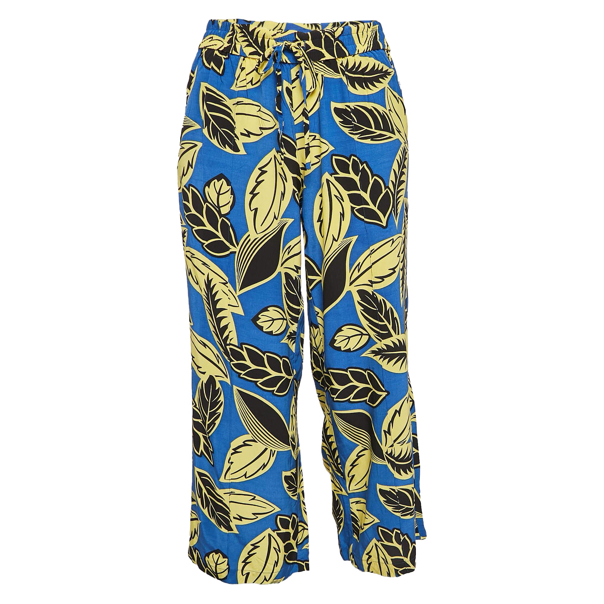 Boutique Moschino Blue/Yellow Leaf Print Crepe Trousers M For Sale