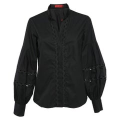 Carolina Herrera Black Cotton Lace Trim Puff Sleeve Shirt M