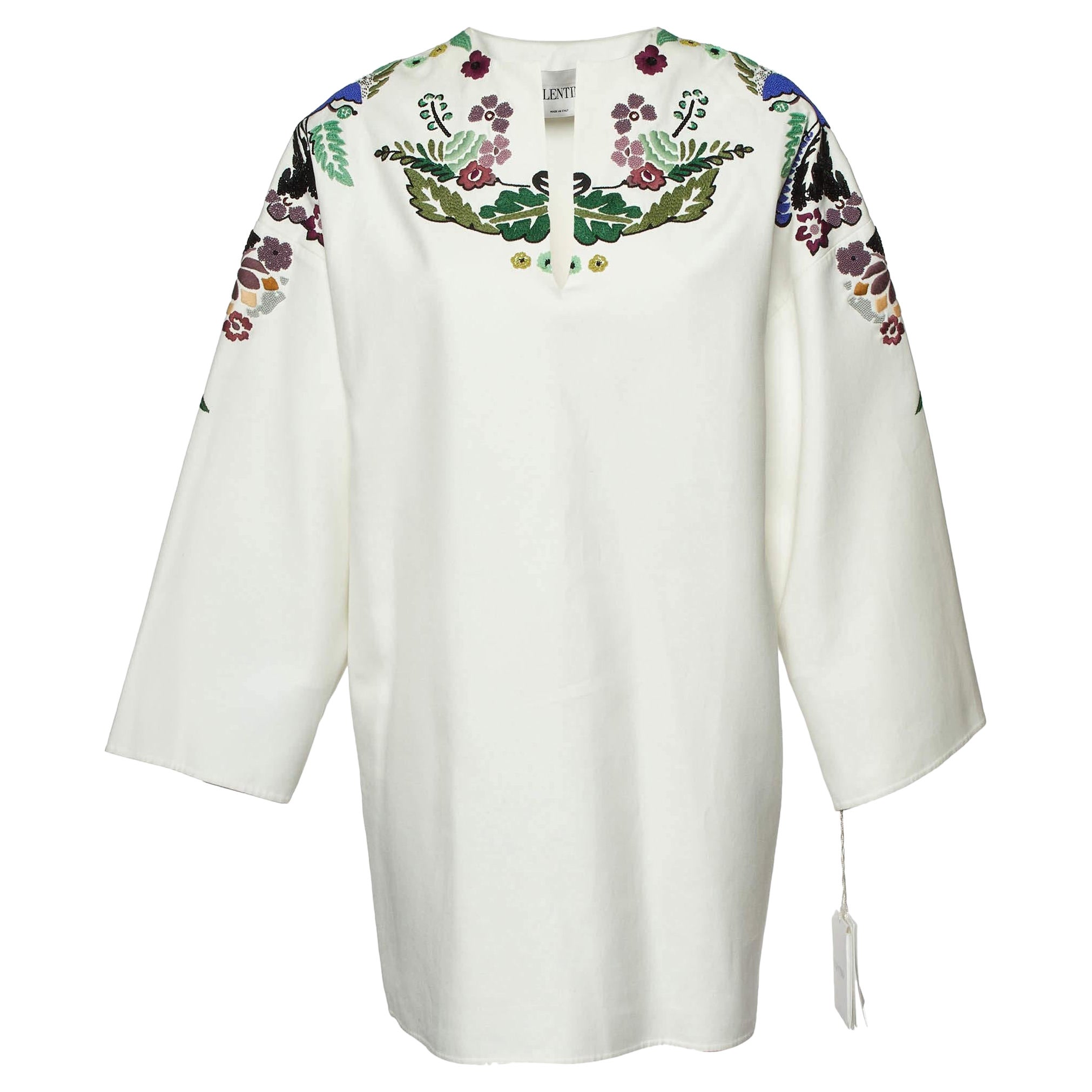 Valentino White World Arazzo Embroidered Cotton Kaftan Dress S For Sale