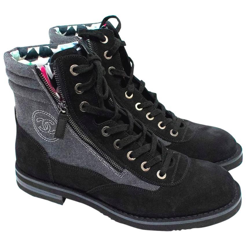Chanel Men's Grey High Top Boots with Black Suede Trims For Sale
